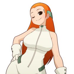 Rule 34 | 1girl, alternate breast size, black eyes, bodysuit, breasts, contrapposto, deponia, gloves, goal (deponia), hand on own hip, large breasts, long hair, mike inel, one eye closed, orange hair, smile, solo, transparent background, upper body, white gloves