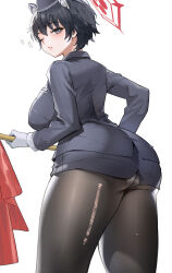 Rule 34 | 1girl, animal ears, ass, black gloves, black hair, black hat, black skirt, blue archive, blush, breasts, cowboy shot, crotch seam, curvy, extra ears, flag, from behind, gloves, halo, hat, highres, holding, holding flag, jacket, large breasts, leaning forward, long sleeves, looking at viewer, looking back, miniskirt, official alternate costume, panties, panties under pantyhose, pantyhose, pencil skirt, raccoon ears, raccoon girl, short hair, simple background, skirt, sleepy, solo, standing, tail, thick thighs, thighs, tight clothes, torn clothes, torn pantyhose, tour guide, tsubaki (blue archive), tsubaki (guide) (blue archive), underwear, white background, white gloves, zhudouzi