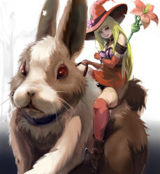 Rule 34 | 1girl, bad id, bad pixiv id, bare shoulders, blonde hair, boots, rabbit, flower, hat, highres, katsuma (perestronica), legs, lips, long hair, original, red eyes, riding, solo, thighhighs, tokoya, witch hat