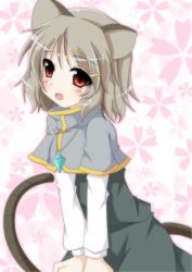 Rule 34 | 1girl, animal ears, blush, capelet, female focus, gem, grey hair, hair ornament, hairclip, jewelry, masiromu, mouse ears, mouse tail, nazrin, necklace, open mouth, pendant, red eyes, shirt, short hair, skirt, skirt set, solo, tail, touhou, v arms