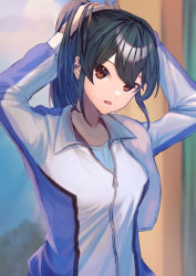 Rule 34 | 1girl, :o, arms up, black hair, blurry, blurry background, breasts, brown hair, head tilt, highres, idolmaster, idolmaster cinderella girls, jersey, long sleeves, looking at viewer, mamenoha, medium breasts, ohishi izumi, partially unzipped, solo, sweatdrop, towel on one shoulder, tying hair, upper body