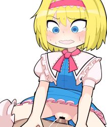Rule 34 | 1boy, 1girl, alice margatroid, bar censor, blonde hair, blue dress, blue eyes, blush, bow, bowtie, breasts, censored, clothed sex, commentary, cookie (touhou), cowboy shot, dress, frilled dress, frilled sash, frills, hairband, hetero, hospital king, ichigo (cookie), medium bangs, open mouth, penis, pink bow, pink bowtie, pink hairband, pink sash, pov, pussy, sash, sex, short hair, simple background, small breasts, solo focus, sweat, tearing up, textless version, touhou, vaginal, white background