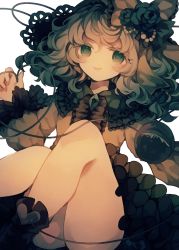 Rule 34 | 1girl, arms up, bad id, bad pixiv id, black footwear, black frills, black hat, blue flower, blue rose, bow, center frills, collared shirt, commentary, eyeball, eyelashes, feet out of frame, flower, frilled bow, frilled shirt collar, frilled sleeves, frills, green eyes, green hair, green skirt, hat, heart, heart of string, highres, jewelry, knee up, komeiji koishi, long sleeves, looking at viewer, medium hair, namakuby, no nose, petticoat, ribbon, rose, shirt, skirt, smile, solo, string, thighs, third eye, touhou, wavy hair, white background, wide sleeves, yellow bow, yellow ribbon, yellow shirt