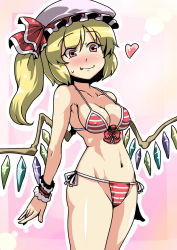Rule 34 | 1girl, aged up, bikini, blush, breasts, cameltoe, cleavage, covered erect nipples, embodiment of scarlet devil, fang, female focus, flandre scarlet, hat, heart, highres, jpeg artifacts, large breasts, long hair, red eyes, side-tie bikini bottom, side ponytail, smile, solo, striped bikini, striped clothes, swimsuit, touhou, tukiwani, wings, wrist cuffs