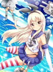 Rule 34 | 10s, 1girl, anchor, bad id, bad pixiv id, black panties, blonde hair, cloud, day, elbow gloves, gloves, hair ornament, hairband, kantai collection, long hair, looking at viewer, ocean, panties, personification, rensouhou-chan, shimakaze (kancolle), shinekalta, sky, striped clothes, striped thighhighs, thighhighs, underwear, white gloves