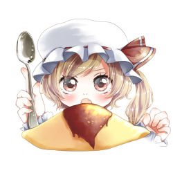 Rule 34 | 1girl, blonde hair, blush, bow, fang, flanvia, food, hat, hat bow, omelet, omurice, red eyes, side ponytail, solo, spoon, touhou, umi (umi02)