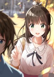 Rule 34 | 1boy, 1girl, black ribbon, blue eyes, blue shirt, blurry, blurry background, blurry foreground, brown bag, brown hair, carrying bag, collared shirt, commentary request, commission, depth of field, green eyes, hair ribbon, hand up, highres, long hair, neck ribbon, open mouth, original, outdoors, ponytail, red skirt, ribbon, school uniform, shirt, siokazunoko, skirt, solo focus, teeth, upper teeth only, white ribbon, white shirt