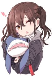 Rule 34 | 1girl, :&lt;, black jacket, blush, brown eyes, brown hair, chawan (yultutari), commentary request, cropped torso, hair between eyes, heart, highres, hood, hood down, hooded jacket, idolmaster, idolmaster cinderella girls, ikea shark, jacket, long hair, long sleeves, looking at viewer, mask, mask pull, mouth mask, one eye closed, parted lips, sharp teeth, simple background, sleeves past wrists, solo, stuffed animal, stuffed shark, stuffed toy, sunazuka akira, surgical mask, teeth, triangle mouth, twintails, upper body, white background