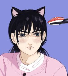 Rule 34 | 1girl, angry, animal ears, black hair, blush, cat ears, cat girl, cat tail, chainsaw man, food, goldenpenhd, highres, low twintails, mitaka asa, sushi, tail, twintails
