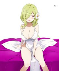 Rule 34 | 1girl, bare shoulders, blush, breasts, cleavage, collarbone, dress, flower, green hair, hair flower, hair ornament, highres, jashin-chan dropkick, large breasts, long hair, looking at viewer, no bra, no panties, open mouth, persephone (jashin-chan dropkick), pink eyes, simple background, sitting, smile, solo, tomato (papanohimitsu), white background, white dress