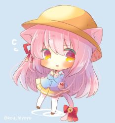 Rule 34 | 1girl, :o, animal ear fluff, animal ears, azur lane, bell, blue background, blue shirt, blush, bow, brown footwear, cat ears, cat girl, cat tail, chibi, flying sweatdrops, full body, hair between eyes, hair ribbon, hands up, hat, jingle bell, kindergarten uniform, kisaragi (azur lane), kou hiyoyo, long hair, long sleeves, looking at viewer, own hands together, pantyhose, parted lips, pink hair, pleated skirt, red bow, red eyes, red ribbon, ribbon, sailor collar, school hat, shirt, skirt, solo, standing, standing on one leg, tail, tail bell, tail bow, tail ornament, very long hair, white pantyhose, white sailor collar, yellow hat, yellow skirt