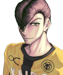 Rule 34 | 1boy, ao ashi, brown hair, dawillie, grey eyes, highres, jersey, looking at viewer, male focus, pompadour, portrait, shirt, simple background, smile, togashi keiji, white background, yellow shirt