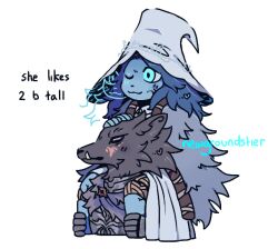 Rule 34 | 1boy, 1girl, :3, artist name, black fur, blaidd the half-wolf, blue eyes, blue hair, blue hat, blue skin, cloak, colored skin, commentary, elden ring, english text, extra faces, fur cloak, hat, looking to the side, newgroundstier, one eye closed, ranni the witch, simple background, teeth, white background, witch, witch hat, wolf, wolf boy