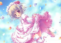 Rule 34 | 1girl, :d, absurdres, blonde hair, cross-laced footwear, flower, highres, lolita fashion, morinaga korune, open mouth, petals, red eyes, shoes, smile, solo, thighhighs, white thighhighs