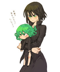 Rule 34 | 2girls, bare legs, black dress, black hair, blush, carrying, curly hair, dress, female focus, fubuki (one-punch man), green eyes, green hair, long sleeves, looking at another, looking down, md5 mismatch, multiple girls, one-punch man, riya (teezeit), short hair, siblings, simple background, sisters, size difference, sweatdrop, tatsumaki, translated, weatdrop, white background