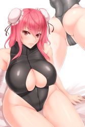 Rule 34 | 1girl, akitsuki karasu, ass, black one-piece swimsuit, blush, breasts, bun cover, cleavage, cleavage cutout, clothing cutout, competition swimsuit, covered erect nipples, curvy, double bun, front zipper swimsuit, hair bun, highres, ibaraki kasen, large breasts, long hair, meme attire, one-piece swimsuit, partially visible vulva, pink eyes, pink hair, plump, solo, swimsuit, touhou, unzipped, wide hips