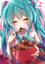 Rule 34 | 1girl, aosaki yato, blush, bowl, chopsticks, closed eyes, crumbs, detached sleeves, eating, food, green hair, hair ornament, happy, hatsune miku, highres, holding, holding bowl, holding chopsticks, meat, musical note, necktie, pale skin, quaver, sidelocks, smile, solo, speech bubble, spoken musical note, twintails, vocaloid