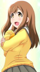 Rule 34 | 1girl, artist name, artist request, blush, bow, bowtie, breasts, brown eyes, brown hair, buttons, cardigan, close-up, collarbone, eyebrows, female focus, floating hair, from behind, grey sailor collar, grey skirt, hair between eyes, highres, kunikida hanamaru, layered skirt, light brown hair, long hair, long sleeves, looking at viewer, looking back, love live!, love live! sunshine!!, medium breasts, miniskirt, orange bow, parted lips, plaid, plaid skirt, pleated, pleated skirt, sailor collar, school uniform, sideboob, skirt, sleeves past wrists, smile, solo, sweater, uranohoshi school uniform, wavy hair, white background, yellow cardigan, yellow eyes, yellow sweater