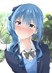 Rule 34 | 1girl, blazer, blue eyes, blue hair, blush, bow, bowtie, breasts, collared shirt, day, embarrassed, full-face blush, hair between eyes, highres, hinata kokage, hololive, hoshimachi suisei, jacket, looking at viewer, medium hair, outdoors, ribbon, school uniform, shirt, side ponytail, small breasts, solo, star (symbol), sweatdrop, sweater vest, uniform, upper body, virtual youtuber, white shirt