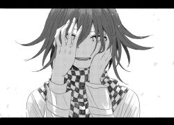 Rule 34 | 1boy, checkered clothes, checkered scarf, crying, danganronpa (series), danganronpa v3: killing harmony, flipped hair, greyscale, hair between eyes, hands on own face, highres, kasou (roomno404 ), letterboxed, long sleeves, looking at viewer, monochrome, oma kokichi, open mouth, portrait, scarf, solo, tears, teeth, tongue, white background