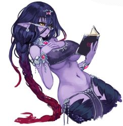Rule 34 | 1girl, apophis (monster girl encyclopedia), armlet, barbariank, bare shoulders, bespectacled, black hair, black sclera, blush, book, bracelet, braid, breasts, colored sclera, colored skin, commentary, earrings, english commentary, glasses, gradient hair, hair between eyes, hand on own chest, heart, holding, holding book, jewelry, lamia, large breasts, long hair, looking away, monster girl, monster girl encyclopedia, multicolored hair, navel, open book, pelvic curtain, pink hair, pointy ears, purple skin, reading, rectangular eyewear, scales, semi-rimless eyewear, simple background, solo, stomach, under-rim eyewear, underboob, very long hair, white background, yellow eyes