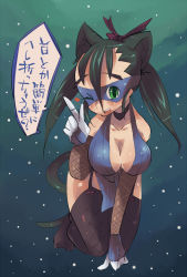 Rule 34 | 1girl, breasts, cleavage, fishnets, freckles, garter straps, gloves, green eyes, large breasts, mask, ninja, one eye closed, solo, tail, thighhighs, translation request, twintails, ushihashiru, wink