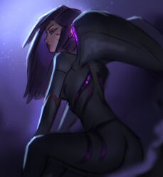 Rule 34 | 1girl, ass, black bodysuit, bodysuit, breasts, closed mouth, dwekou, facial mark, from side, gradient background, kai&#039;sa, league of legends, long hair, medium breasts, multicolored bodysuit, multicolored clothes, purple background, purple bodysuit, purple eyes, purple hair, red lips, sitting, solo, unfinished, wings