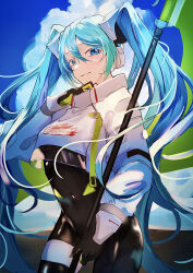 Rule 34 | 1girl, absurdres, aqua eyes, aqua hair, black bodysuit, black gloves, blue sky, bodysuit, breasts, closed mouth, cloud, commentary request, covered navel, cowboy shot, cropped jacket, flag, flagpole, flame print, gloves, green flag, green gloves, hand up, hatsune miku, highres, holding, holding flag, holding pole, jacket, latex, latex bodysuit, long sleeves, looking at viewer, medium breasts, ogura aoi, pole, race queen, racing miku, racing miku (2022), sky, smile, smiley face, solo, text print, twintails, two-tone gloves, vocaloid, white jacket