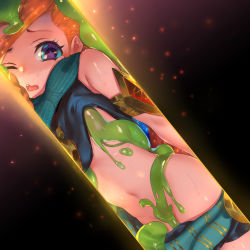 Rule 34 | 1girl, armlet, bare arms, blue eyes, blush, braid, grabbing another&#039;s breast, breasts, clothes lift, clothes pull, crop top, grabbing, groping, half-closed eye, jewelry, league of legends, midriff, multicolored hair, navel, necklace, one eye closed, open mouth, orange hair, pd (pdpdlv1), sarong, scarf, shirt lift, shorts, shorts pull, slime (creature), slime (substance), small breasts, solo, star-shaped pupils, star (symbol), stomach, symbol-shaped pupils, tears, two-tone hair, uneven eyes, wavy mouth, zac (league of legends), zoe (league of legends)