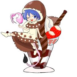 Rule 34 | 1girl, absurdres, alternate color, alternate element, blob, blue eyes, blue hair, brown capelet, brown dress, brown hat, capelet, chocolate, commentary request, doremy sweet, dream soul, dress, food, fruit, hat, highres, ice cream, nightcap, nightgown, one eye closed, open mouth, pom pom (clothes), short hair, sitting, socks, solo, strawberry, tail, tapir tail, teeth, touhou, upper teeth only, white dress, white socks, zenji029