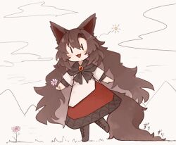 Rule 34 | 1girl, animal ears, black footwear, blush, boots, brooch, brown hair, commentary request, cross-laced footwear, dress, flower, full body, hair between eyes, highres, holding, holding flower, imaizumi kagerou, jewelry, kaginoni, long hair, long sleeves, open mouth, pink flower, red dress, smile, solid oval eyes, solo, tail, touhou, white dress, wolf ears, wolf tail