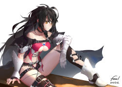 Rule 34 | 1girl, 2016, bandaged arm, bandages, bare shoulders, belt, black hair, black neckwear, black thighhighs, boots, breasts, choker, collarbone, dated, highres, long hair, messy hair, navel, orokanahime, signature, sitting, solo, tales of (series), tales of berseria, thighhighs, torn clothes, torn thighhighs, underboob, velvet crowe, yellow eyes