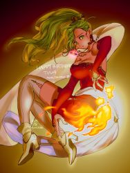 Rule 34 | 1girl, 2019, ankle boots, bare shoulders, boots, breasts, bridal gauntlets, cape, cleavage, copyright name, dated, earrings, final fantasy, final fantasy vi, fire, green eyes, green hair, high heel boots, high heels, highres, jewelry, large breasts, long hair, necklace, ponytail, solo, strapless, thighhighs, tina branford, twitter username, white cape, white thighhighs, yellow footwear, yuccoshi