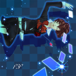 Rule 34 | 1girl, armband, artist request, atlus, bow, brown hair, card, card with aura, crossdraw holster, digital media player, closed eyes, floating card, female focus, gun, gun holster, headphones, holster, nora (necomneco), persona, persona 3, persona 3 portable, ribbon, school uniform, shiomi kotone, skirt, solo, weapon