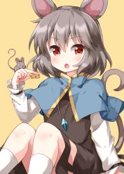 Rule 34 | 1girl, animal ears, blue capelet, capelet, cheese, dress, food, grey dress, grey hair, hair between eyes, highres, holding, holding food, jewelry, long sleeves, looking at viewer, medium hair, mouse (animal), mouse ears, mouse on hand, mouse tail, nazrin, open mouth, pendant, red eyes, ruu (tksymkw), simple background, sitting, tail, touhou, v-shaped eyebrows, white legwear, white sleeves, yellow background