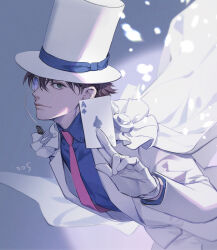 Rule 34 | 1boy, blue shirt, cape, card, commentary request, gloves, hat, holding, holding card, jacket, kaitou kid, light smile, magic kaito, male focus, meitantei conan, monocle, necktie, numbered, pink necktie, profile, shirt, solo, top hat, upper body, white cape, white gloves, white hat, white jacket, yoshicha