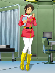 Rule 34 | 1girl, belt, black eyes, black hair, bonjin-do, boots, breasts, chair, formal, gundam, highres, legs, looking at viewer, masaki (mobile suit gundam), mirai yashima, mobile suit gundam, monitor, short hair, small breasts, smile, solo, standing, suit, table, thighs, uniform