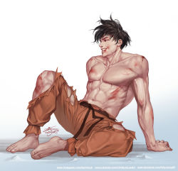 Rule 34 | 1boy, abs, barefoot, black eyes, black hair, bruise, bruise on face, dragon ball, dragonball z, full body, grin, in-hyuk lee, injury, male focus, muscular, muscular male, navel, pants, topless male, signature, sitting, smile, solo, son goku, torn clothes, torn pants, veins, watermark, web address