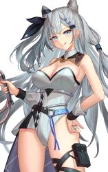 Rule 34 | 1girl, bare shoulders, belt, blue eyes, boku no edamame, braid, breasts, cleavage, cone hair bun, double bun, dress, grey hair, hair bun, hair ribbon, highres, hololive, hololive indonesia, jewelry, large breasts, leotard, long hair, looking at viewer, necklace, playboy bunny, pleated dress, ribbon, smile, solo, tongue, tongue out, vestia zeta, virtual youtuber