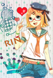 Rule 34 | 1girl, aqua eyes, belt, beret, bespectacled, blonde hair, chise (choco529), chitose, glasses, hair ornament, hairclip, hat, kagamine rin, short hair, shorts, smile, solo, vocaloid