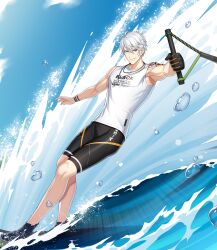 Rule 34 | 1boy, bare arms, black footwear, black gloves, black shorts, blue sky, bracelet, closers, cloud, full body, gloves, grey eyes, grin, highres, j (closers), jewelry, looking to the side, necklace, ocean, official art, outstretched arm, pants, shirt, short hair, shorts, single glove, sky, sleeveless, sleeveless shirt, smile, solo, spray, teeth, tight clothes, tight pants, water, water skiing, white hair, white shirt