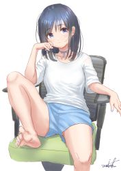 Rule 34 | 1girl, bare legs, barefoot, black hair, blue eyes, blue nails, blue shorts, blush, breasts, chair, closed mouth, collarbone, commentary request, feet, feet out of frame, head tilt, highres, knee up, leg up, long hair, looking at viewer, nail polish, office chair, on chair, original, panties, panty peek, shirt, short shorts, short sleeves, shorts, signature, simple background, sitting, small breasts, soles, solo, swivel chair, toe-point, toe scrunch, toenail polish, toenails, toes, umiroku, underwear, white background, white shirt