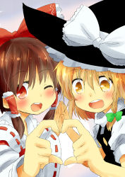 Rule 34 | 2girls, blonde hair, blush, bow, braid, brown eyes, brown hair, detached sleeves, ema20, female focus, hair bow, hair tubes, hakurei reimu, holding hands, hat, heart, heart hands, highres, japanese clothes, kirisame marisa, long hair, miko, multiple girls, one eye closed, open mouth, smile, touhou, wink, witch, witch hat