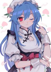 Rule 34 | 1girl, adapted costume, alternate costume, apron, blue hair, bow, closed mouth, clothing cutout, commentary request, cowboy shot, enmaided, food, fruit, hand up, hat, heart cutout, highres, hinanawi tenshi, long hair, looking at viewer, maid, mob cap, one eye closed, peach, peach hat ornament, plumapple3, puffy short sleeves, puffy sleeves, red bow, red eyes, shirt, short sleeves, smile, solo, touhou, white apron, white hat, white shirt, wrist cuffs