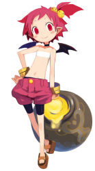 Rule 34 | 1girl, bandeau, bare shoulders, bat wings, bike shorts, bike shorts under shorts, black wings, blush, blush stickers, bracelet, choker, closed mouth, demon girl, disgaea, earrings, feet, flat chest, freckles, full body, gourd, hair bobbles, hair ornament, hanako (disgaea), hand on own hip, harada takehito, jewelry, light smile, looking at viewer, makai senki disgaea 2, midriff, mini wings, navel, official art, pink hair, pink shorts, platform clogs, platform footwear, pointy ears, pot, puffy shorts, red eyes, sandals, short eyebrows, short hair, short ponytail, shorts, side ponytail, simple background, smile, smiley face, solo, standing, strapless, stud earrings, white background, wings