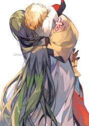 Rule 34 | 1boy, 1other, androgynous, artist name, bare shoulders, enkidu (fate), fate/grand order, fate (series), gilgamesh (fate), green hair, hand on another&#039;s head, hug, jewelry, long hair, long sleeves, robe, shihoran, shoulder tattoo, simple background, standing, tattoo, trap, very long hair, white background, white robe, wide sleeves