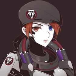 Rule 34 | 1girl, beret, blackwatch moira, blue eyes, bodysuit, closed mouth, commentary request, expressionless, eyes visible through hair, grey background, hat, heterochromia, kaoruru (sakuno2911), looking at viewer, military, moira (overwatch), overwatch, overwatch 1, pale skin, pink lips, red eyes, red hair, signature, simple background, solo, upper body