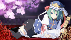 Rule 34 | 1girl, aqua eyes, black thighhighs, blue eyes, cherry blossoms, female focus, flower, frilled thighhighs, frills, green hair, hat, jpeg artifacts, lying, on side, on stomach, ribbon, rod of remorse, shiki eiki, short hair, skirt, solo, spider lily, thighhighs, touhou, wara (warapro), yellow flower, yellow spider lily
