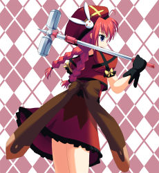 Rule 34 | 00s, 1girl, argyle, argyle background, argyle clothes, beret, black gloves, braid, dress, from side, gloves, graf eisen, hat, hat ornament, lyrical nanoha, mahou shoujo lyrical nanoha, odaya, odayan, red dress, red eyes, red hair, simple background, solo, standing, twin braids, twintails, vita (nanoha)