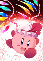 Rule 34 | 1boy, arms up, black background, black eyes, blue eyes, brown background, colored skin, creature, crystal, e.o., flandre scarlet, gradient background, hands up, hat, hat ribbon, highres, jewelry, kirby, kirby&#039;s dream land, kirby (series), looking to the side, mob cap, multicolored wings, nintendo, open mouth, pink skin, red background, red ribbon, ribbon, running, smile, solo, touhou, white background, white hat, wings